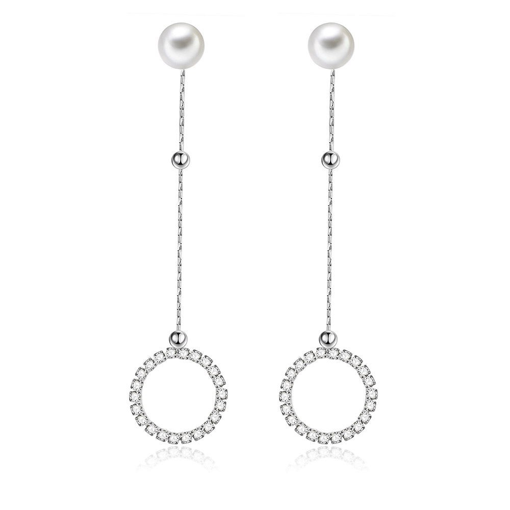 First Dance Pearl Drops Long Earrings With Circle CZ Stones